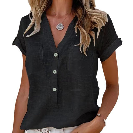 Damen Kurzarm Leinenbluse mit Knopfdetails Heidi-Mode