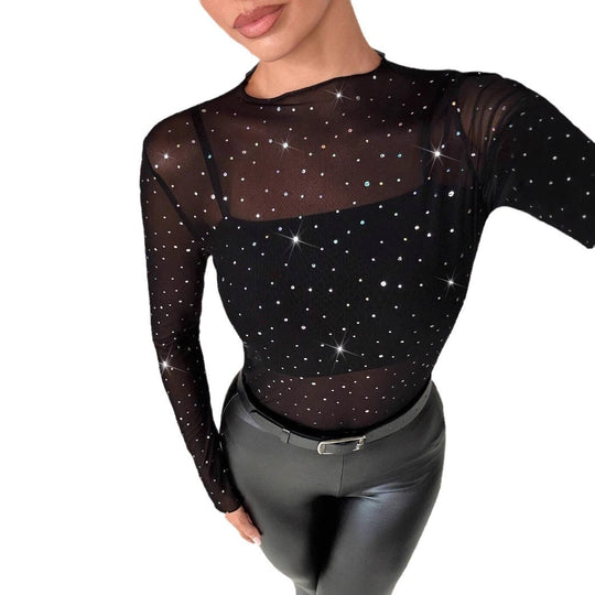 Damen Funktionsshirt aus transparenter Qualität mit glitzernden Applikationen Heidi-Mode