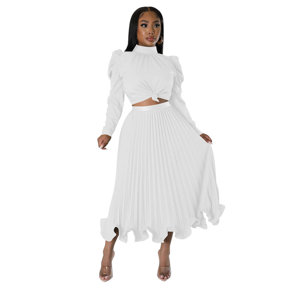 Damen elegantes Plissee-Kleid mit hochgeschlossenem Kragen und Volants Heidi-Mode