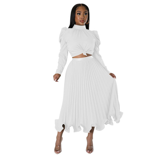 Damen elegantes Plissee-Kleid mit hochgeschlossenem Kragen und Volants Heidi-Mode
