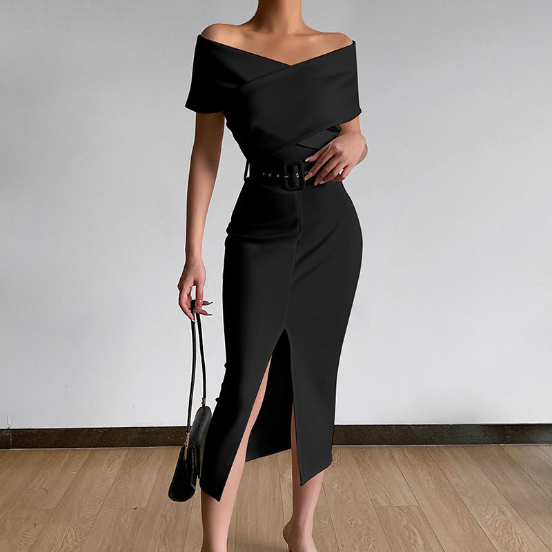 Damen Etuikleid mit schulterfreiem Design und hohem Schlitz Heidi-Mode