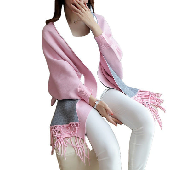 Damen eleganter Schal mit Fransen und kontrastierenden Farbdetails Heidi-Mode