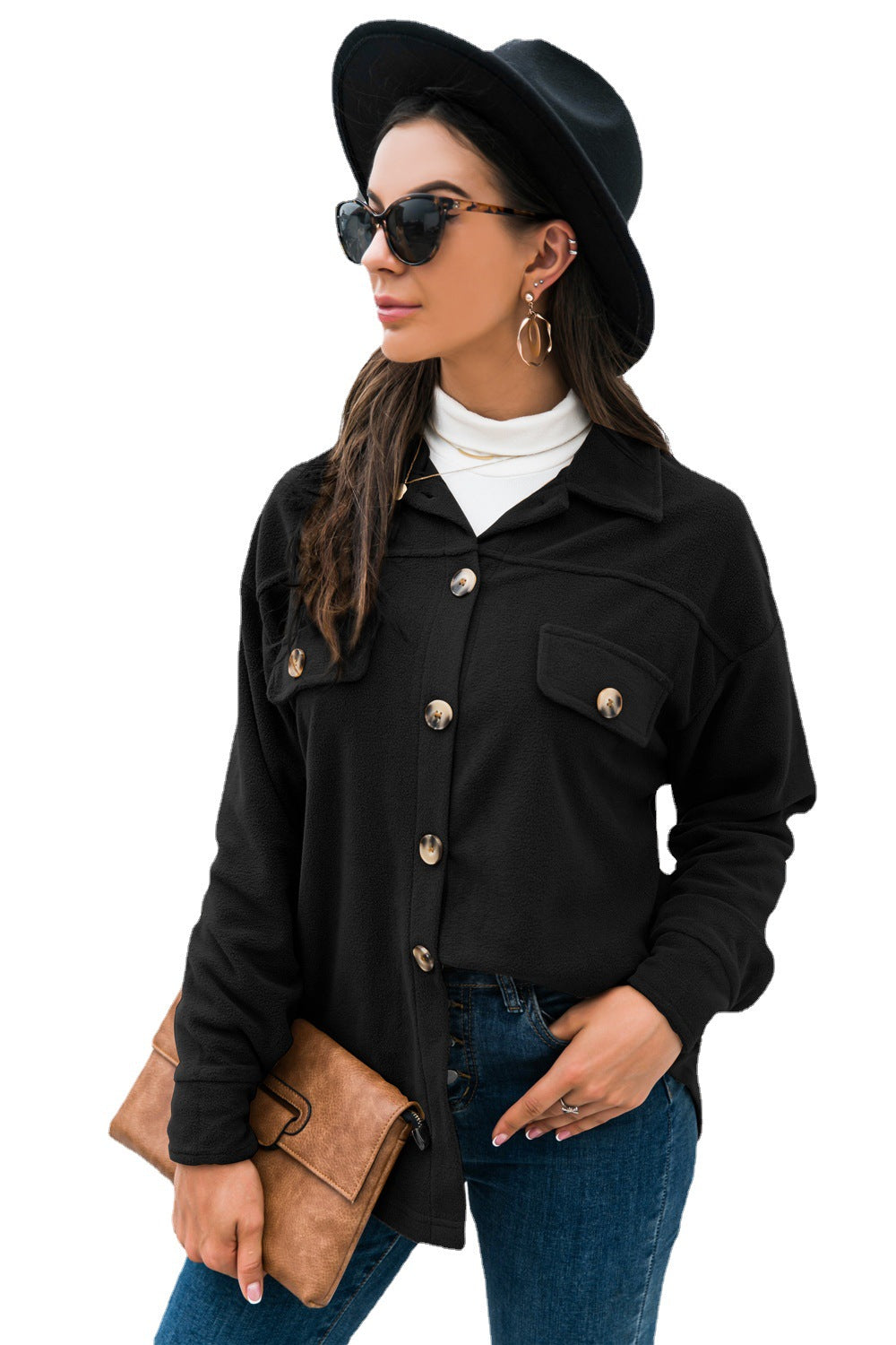 Damen oversize Blusenjacke aus weichem Fleece mit Knopfleiste und Brusttaschen Heidi-Mode