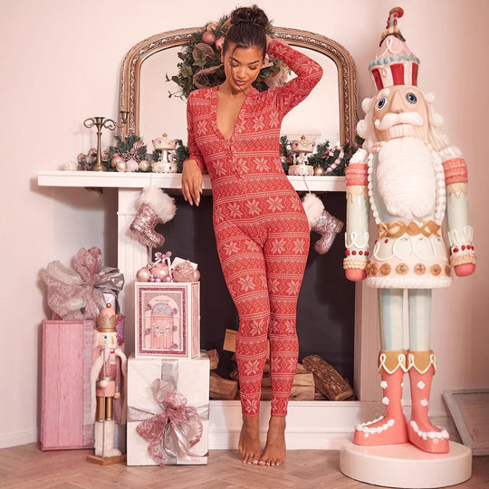 Damen Gemütlicher Jumpsuit mit Weihnachtsmotiv und langer Arm Heidi-Mode