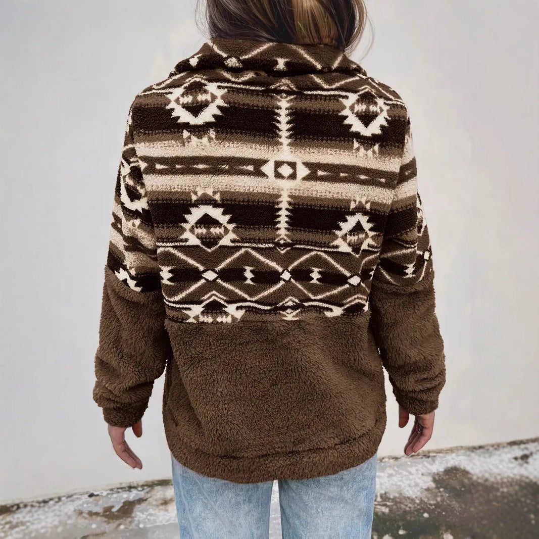 Damen Fleece-Pullover mit modernem Aztekenmuster und Stehkragen Heidi-Mode