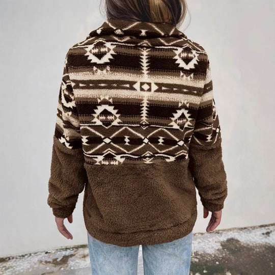 Damen Fleece-Pullover mit modernem Aztekenmuster und Stehkragen Heidi-Mode
