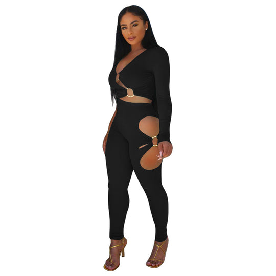 Damen Cut-Out Jumpsuit mit schimmerndem Design und langem Arm Heidi-Mode