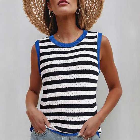 Damen ärmelloses Streifenoberteil mit strukturiertem Strickmuster Heidi-Mode