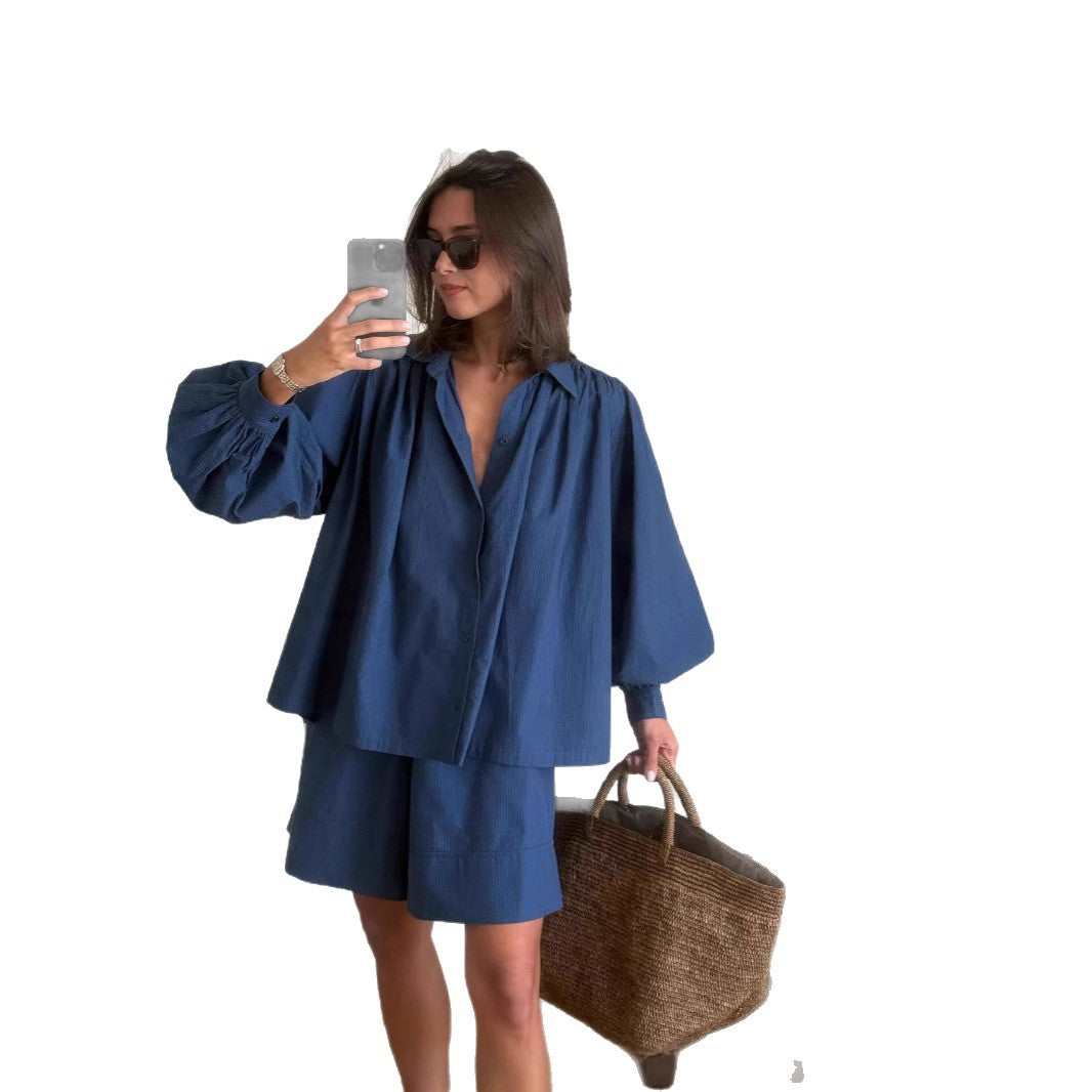 Damen lässiges Kombi-Outfit mit lockerer Bluse und Shorts Heidi-Mode