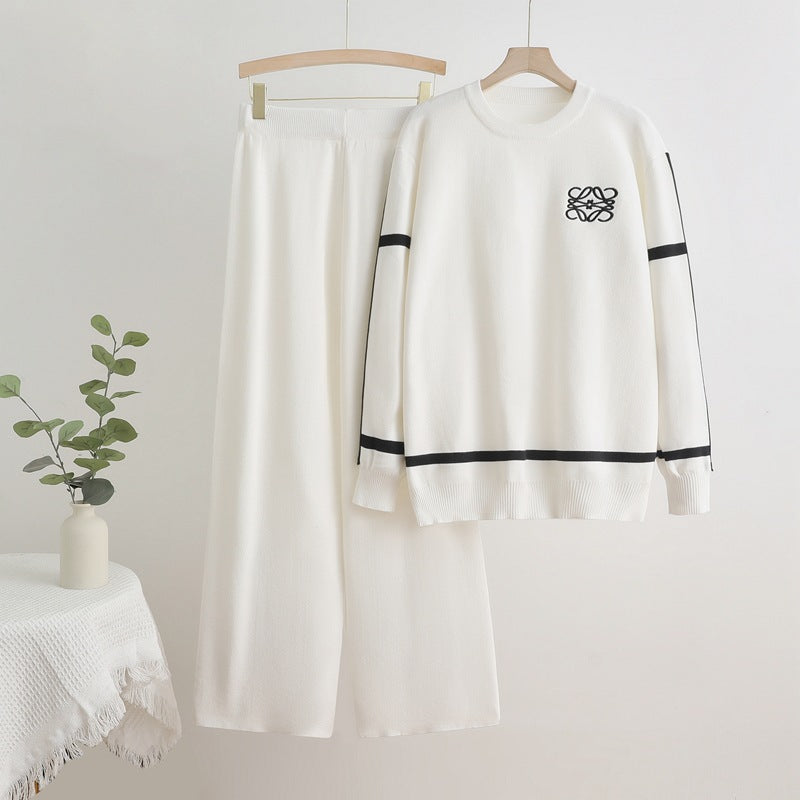 Damen modisches Freizeit-Loungewear-Set mit breiten Beinen und dezentem Logo Heidi-Mode