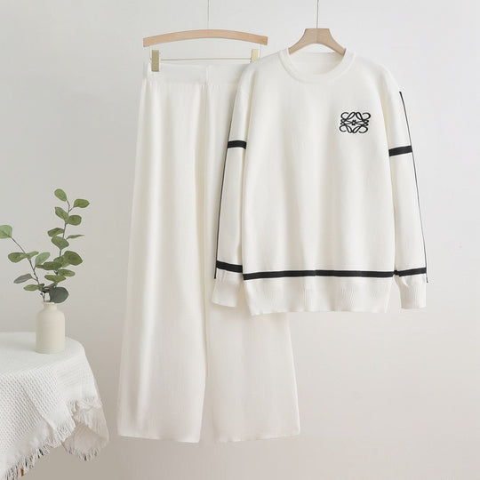 Damen modisches Freizeit-Loungewear-Set mit breiten Beinen und dezentem Logo Heidi-Mode