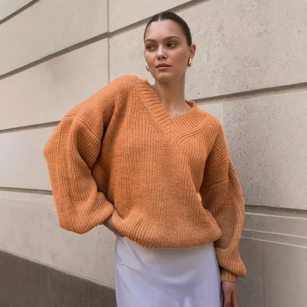 Damen V-Ausschnitt Strickpullover mit voluminösen Ärmeln und strukturierter Oberfläche Heidi-Mode