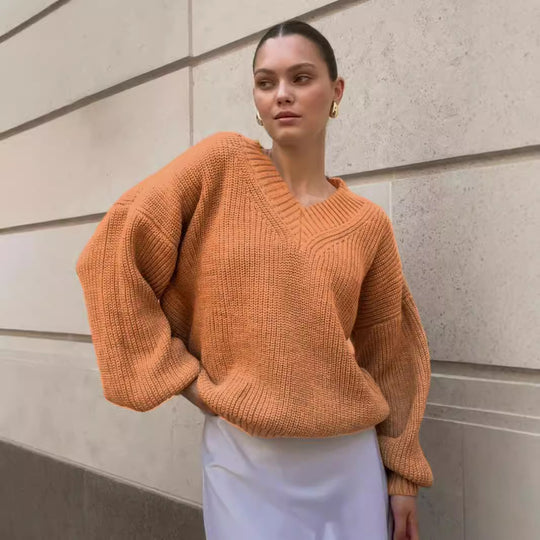 Damen V-Ausschnitt Strickpullover mit voluminösen Ärmeln und strukturierter Oberfläche Heidi-Mode