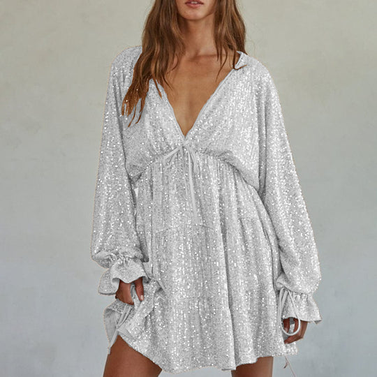Damen Funkelndes Festkleid mit V-Ausschnitt und Rüschendetails Heidi-Mode