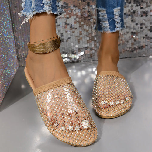 Damen Pantolette mit funkelnden Strassapplikationen und elegantem Netzdesign Heidi-Mode