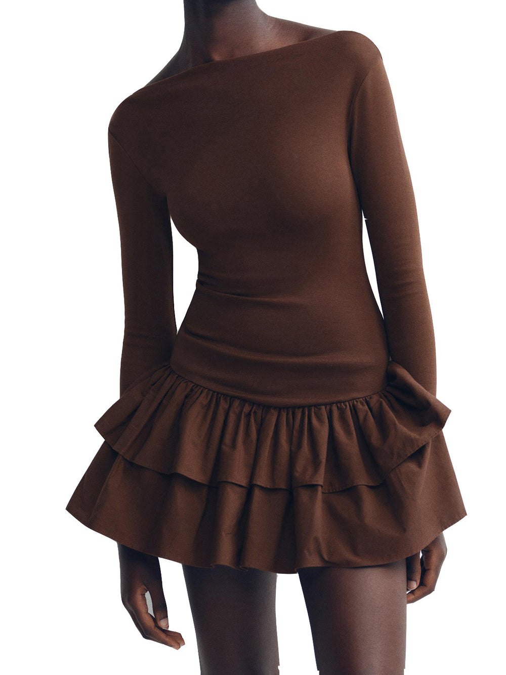 Damen Minikleid mit asymmetrischem Rüschenbesatz und eleganten langen Ärmeln Heidi-Mode