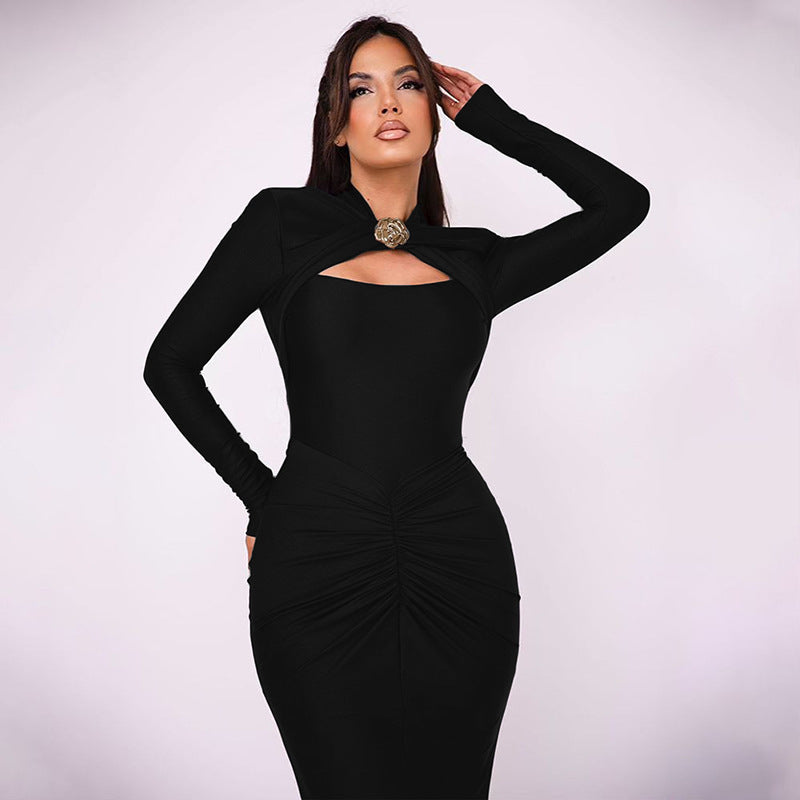 Damen Schulterfreies Kleid mit Raffungen und langem Arm Heidi-Mode