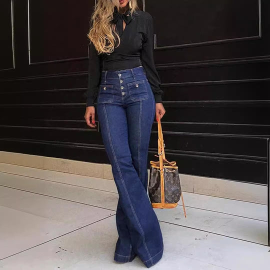 Damen Bootcut Jeans mit hohen Taillen und modischen Knopfdetails Heidi-Mode