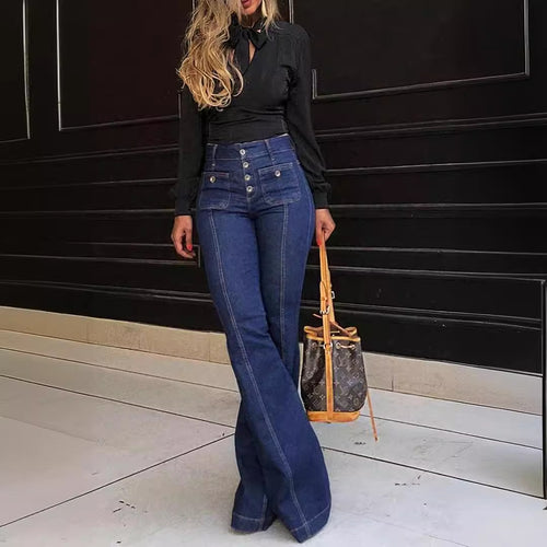 Damen Bootcut Jeans mit hohen Taillen und modischen Knopfdetails Heidi-Mode
