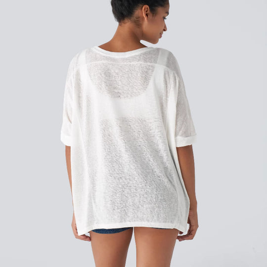 Damen lässiges Oversized T-Shirt mit seitlichen Schlitzen und umgeschlagenen Ärmeln Heidi-Mode