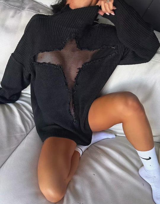 Damen Oversized Strickpullover mit aufregendem Mesh-Einsatz und unkonventionellem Design Heidi-Mode