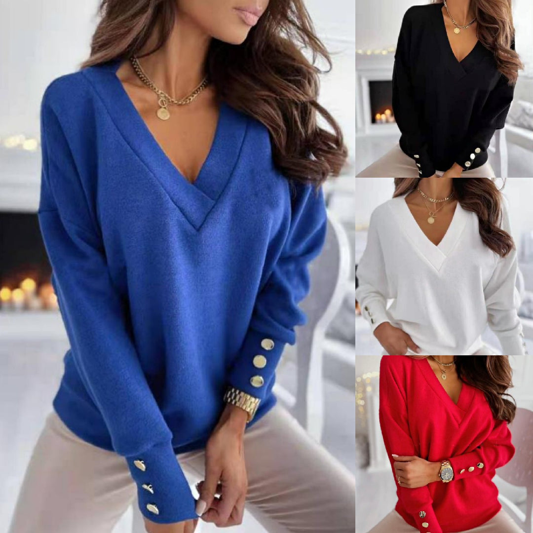 Damen lässiger V-Ausschnitt Pullover mit weiten Ärmeln und weichem Stoff Heidi-Mode