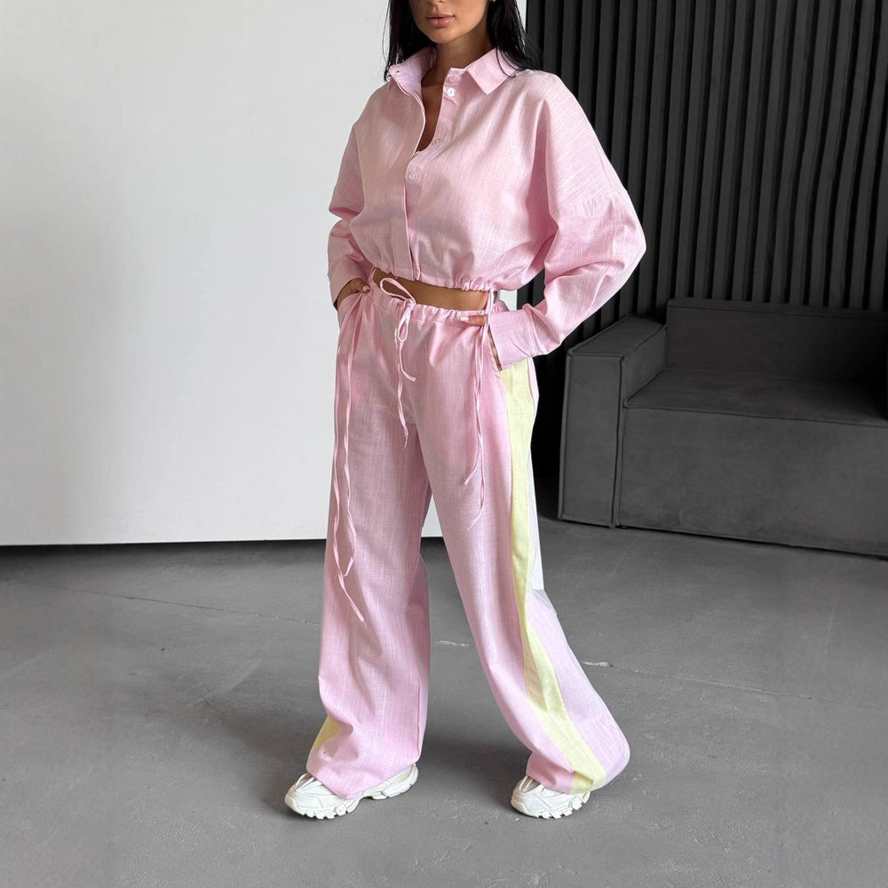 Damen luftiges Loungewear-Set mit Kordelzug und durchgehender Knopfleiste Heidi-Mode
