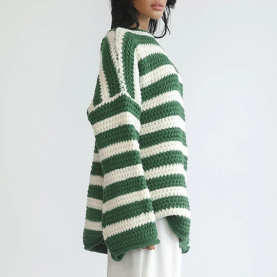 Damen gestreifter Grobstrickpullover mit lässigem Schnitt und weitem Arm Heidi-Mode