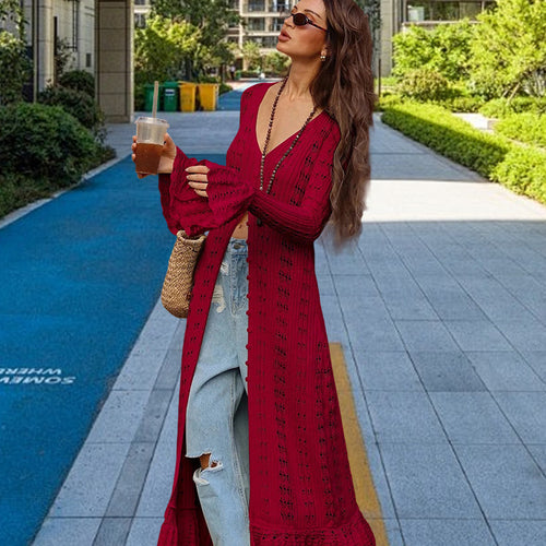 Damen Großer Strickcardigan mit offener Maschenstruktur und weit geschnittenen Ärmeln Heidi-Mode