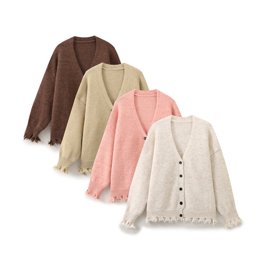 Damen lässige Strickjacke mit fransigem Saum und knöpfbarem Verschluss Heidi-Mode