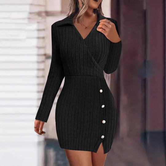 Damen Strickkleid mit V-Ausschnitt und Knopfdetails Heidi-Mode