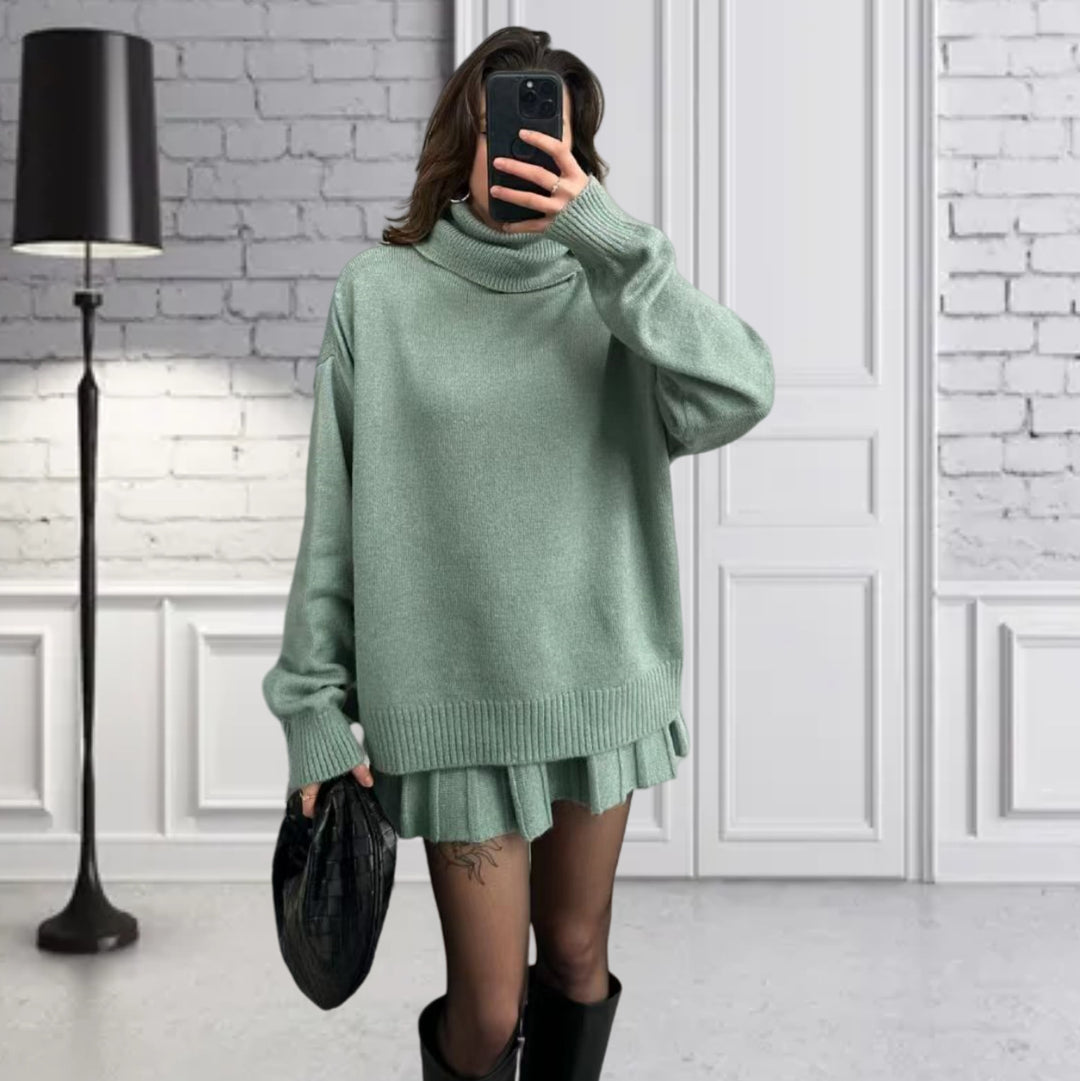 Damen Oversized Strickpullover mit hochwertiger Rippstruktur und passendem Minirock Heidi-Mode