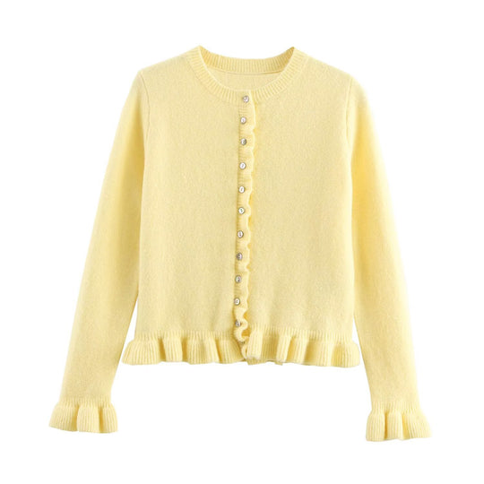 Damen Strickjacke mit dekorativem Rüschensaum und Knopfverschluss Heidi-Mode