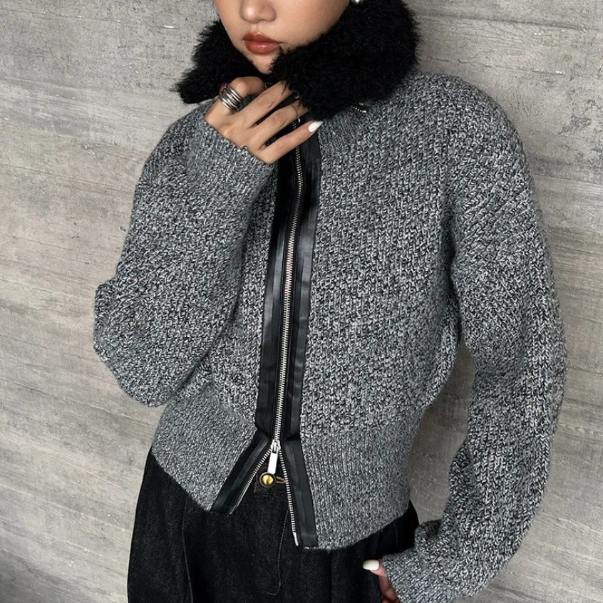 Damen Strickjacke mit kontrastierendem Kragen und seitlichem Reißverschluss Heidi-Mode