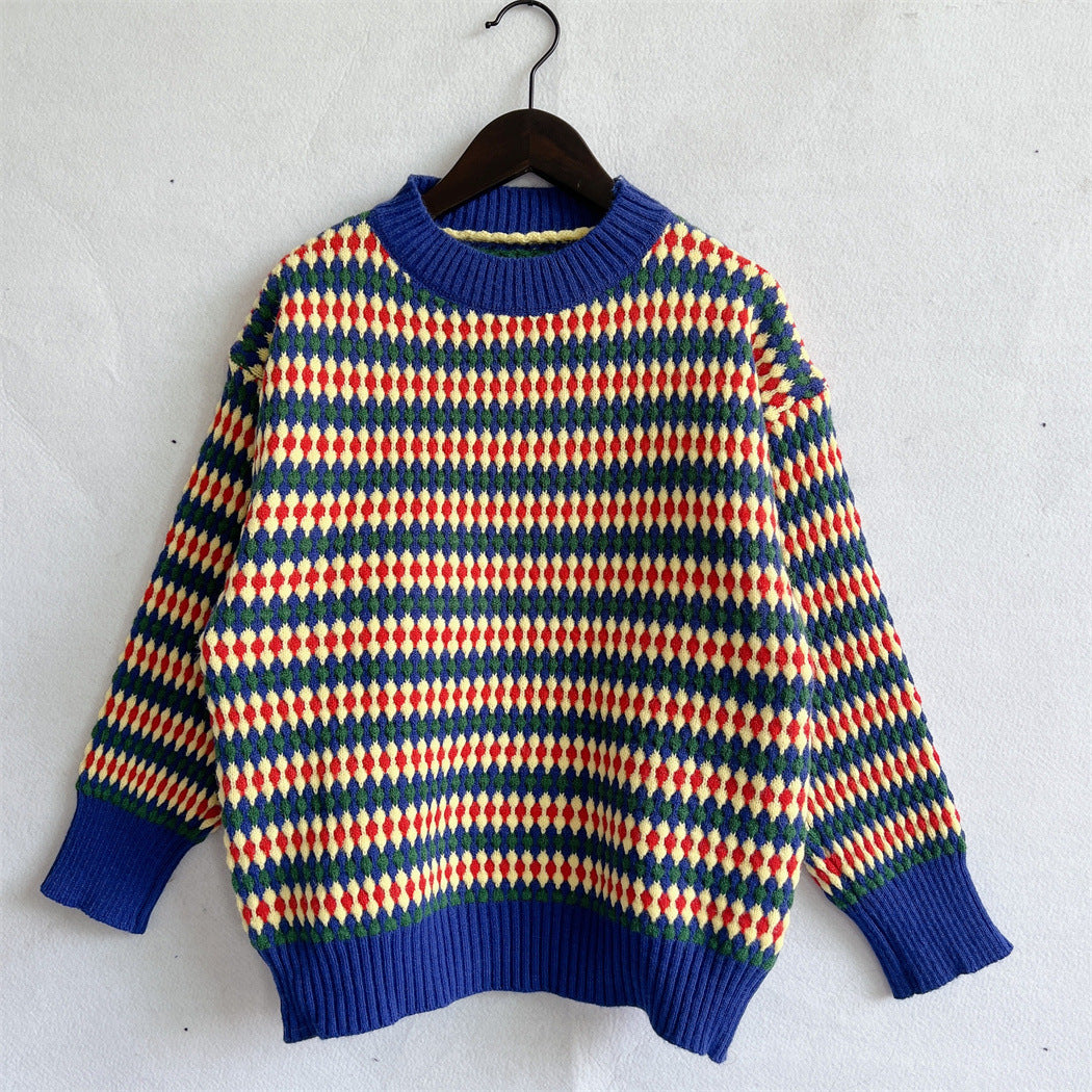 Damen lässiger Strickpullover mit buntem Rautenmuster und Rundhalsausschnitt Heidi-Mode