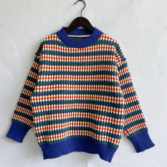 Damen lässiger Strickpullover mit buntem Rautenmuster und Rundhalsausschnitt Heidi-Mode