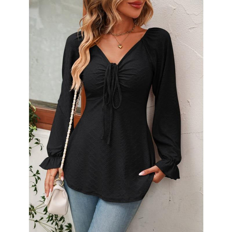 Damen Blusenshirt mit V-Ausschnitt und bindbarem Detail Heidi-Mode