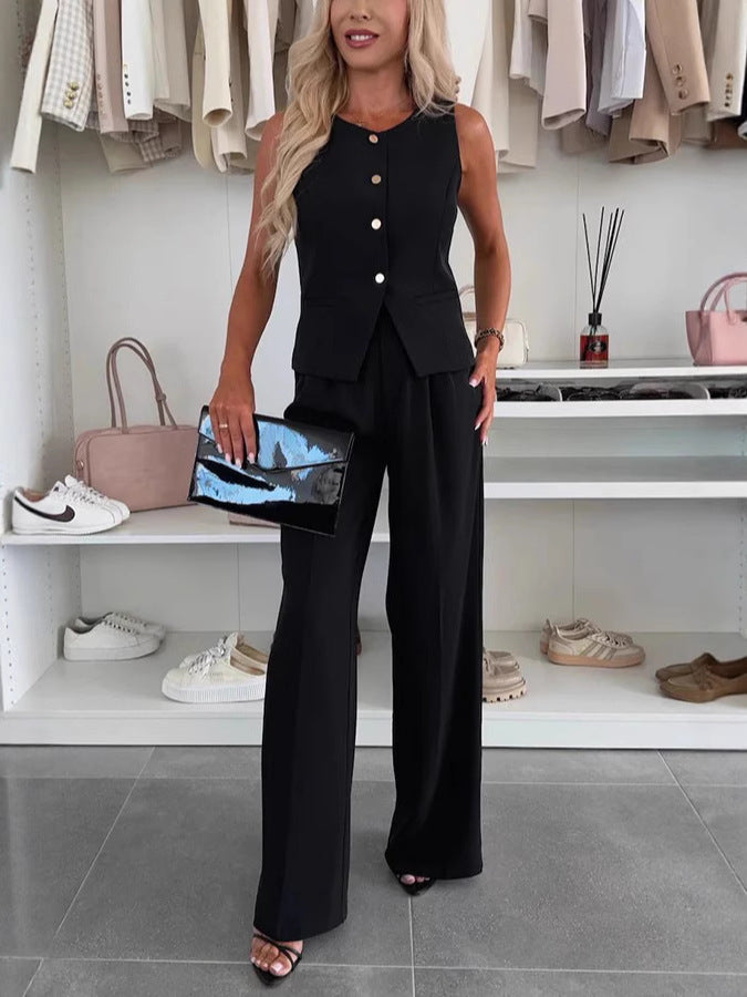 Damen Hosenanzug mit taillierter Weste und eleganten Knöpfen Heidi-Mode
