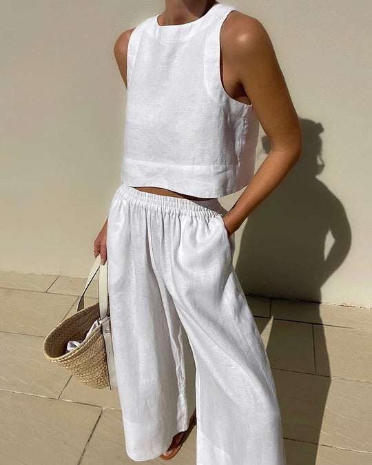 Damen luftiges und modernes Leinen-Set mit Cropped Top und weitem Hose Heidi-Mode