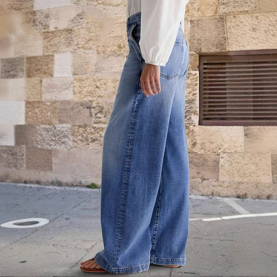 Damen Weite Jeans im Boho-Stil mit hohem Bund und komfortablem Schnitt Heidi-Mode