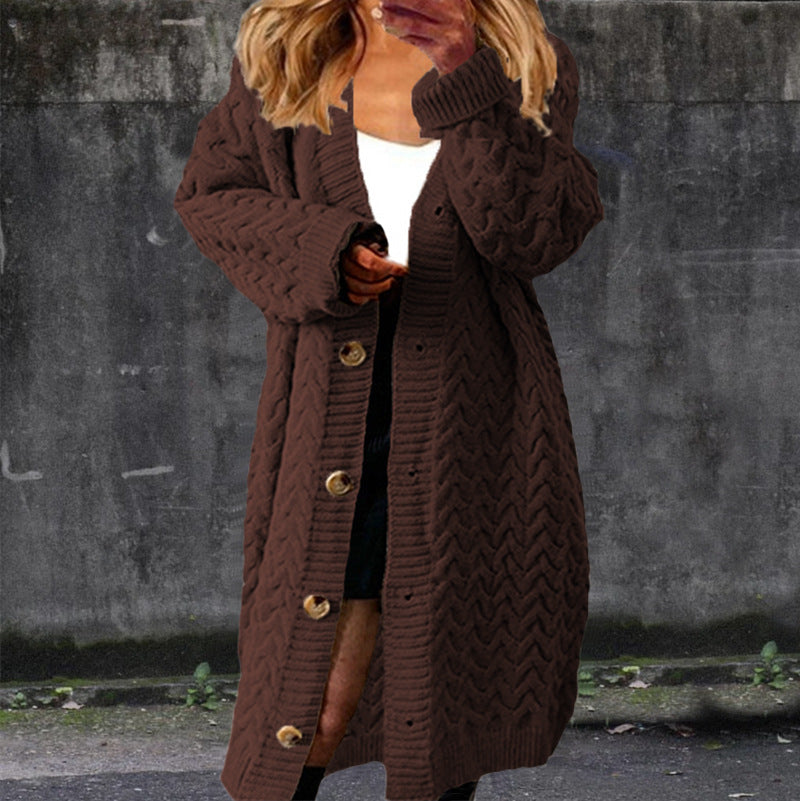 Damen Großer Strickmantel mit dekorativem Knopfverschluss und Zopfmuster Heidi-Mode