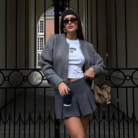 Damen modische Strickjacke mit hohem Kragen und Reißverschluss Heidi-Mode