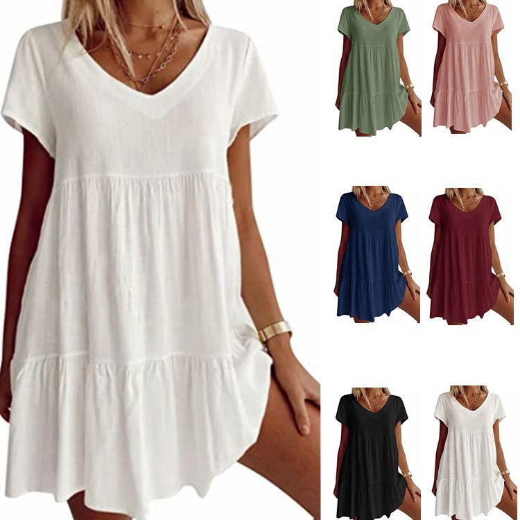 Damen lässiges und leichtes Sommerkleid mit V-Ausschnitt und voluminösem Rock Heidi-Mode