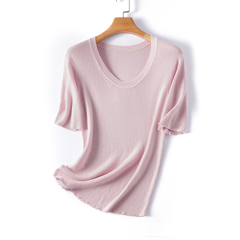Femme Rippstrick Kurzarm V-Ausschnitt Top Heidi-Mode