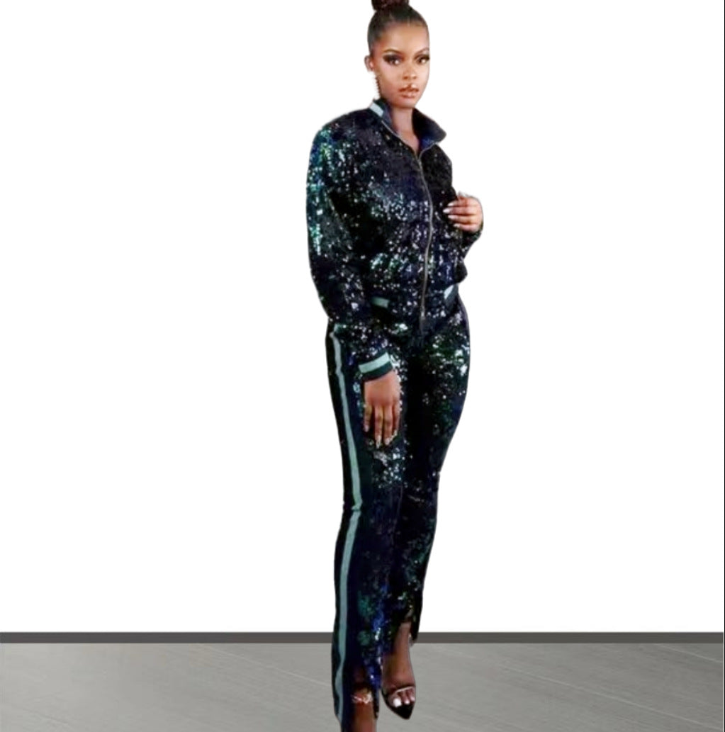 Damen Glitzerndes Sportanzug-Set mit trendigen Streifen Heidi-Mode