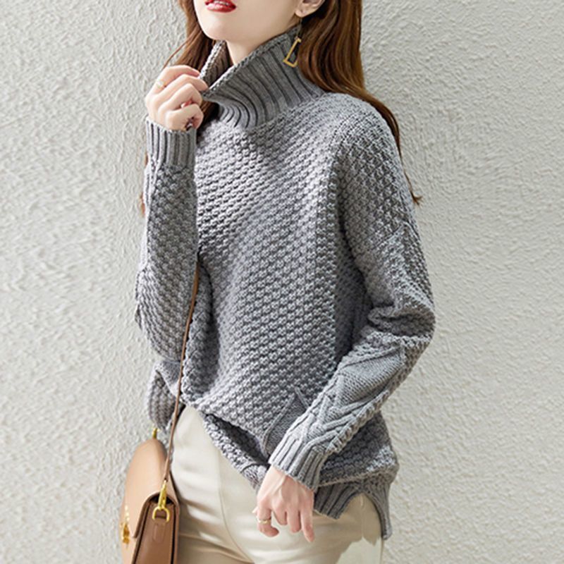 Damen Grobstrickpullover mit hohem Kragen und strukturiertem Design Heidi-Mode