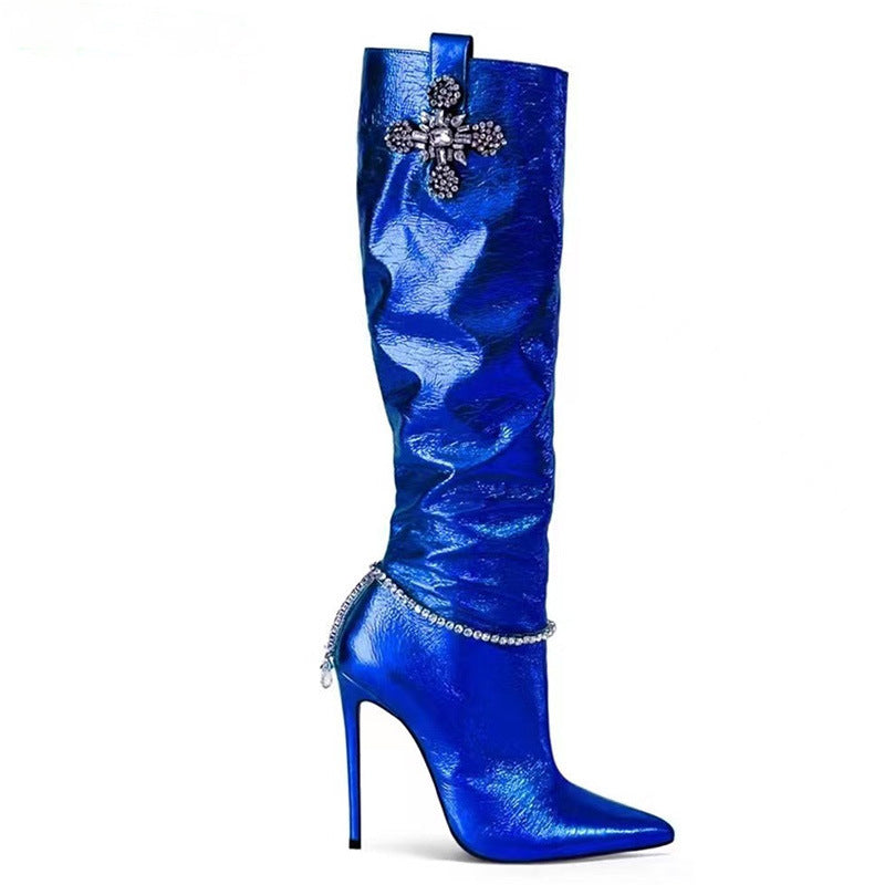 Damen Slouchy Stiletto Oberschenkelhohe Stiefel mit dekorativem Akzent Heidi-Mode