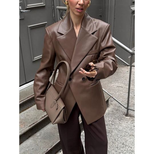 Damen Oversized Blazer aus hochwertigem Kunstleder mit doppelter Knopfverschluss Heidi-Mode