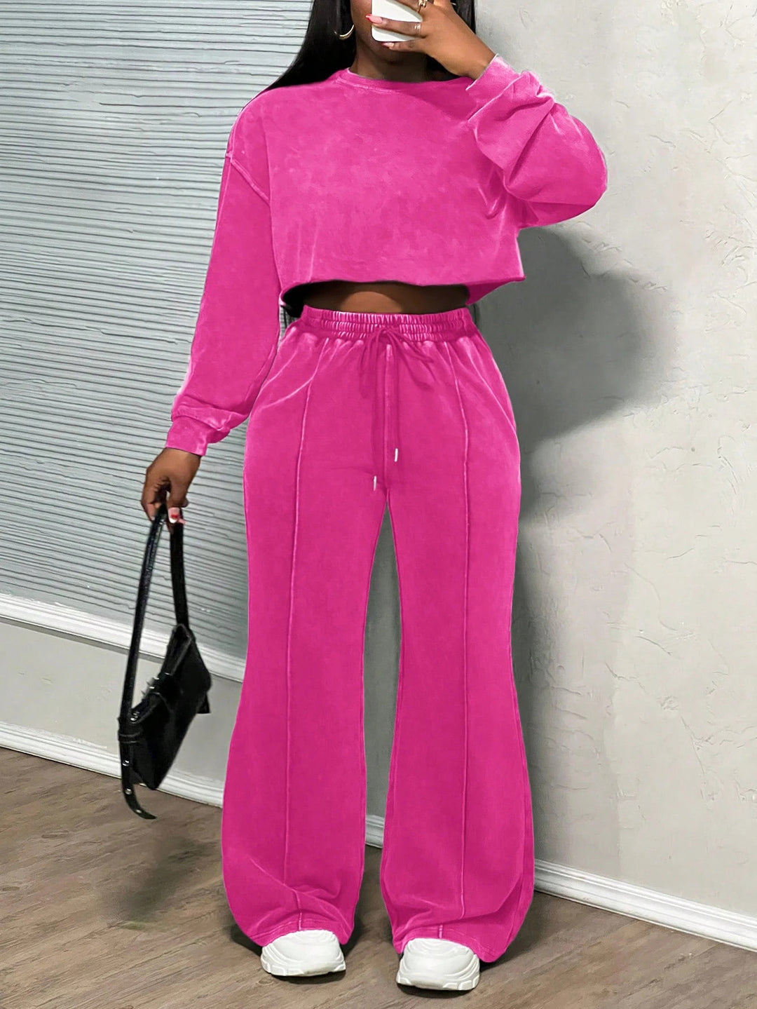 Damen lässiges cropped Lounge-Set mit weitem Hosen und praktischem Kordelzug Heidi-Mode