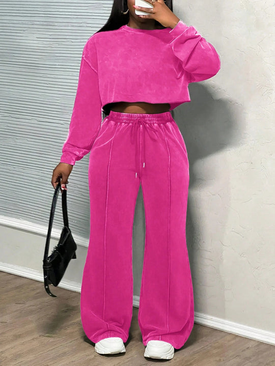 Damen lässiges cropped Lounge-Set mit weitem Hosen und praktischem Kordelzug Heidi-Mode